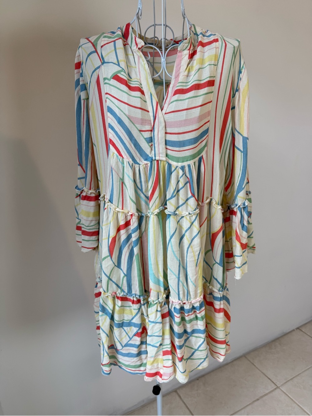 Elan Multicolor Striped Tiered Mini Dress Pockets Bell Sleeve Boho M